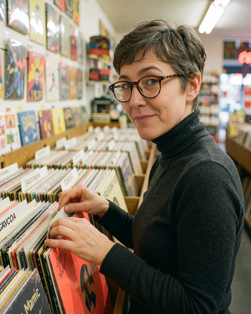 Woman with a pixie cut and round glasses browsing vinyl records, sample dating profile photo for witty, relaxed singles