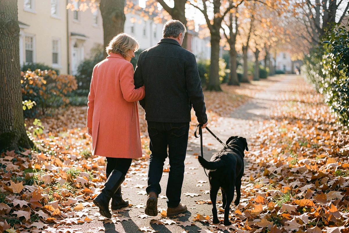 Couple walking a black Labrador along a leaf-covered autumn path, a settled relationship found on a serious dating app