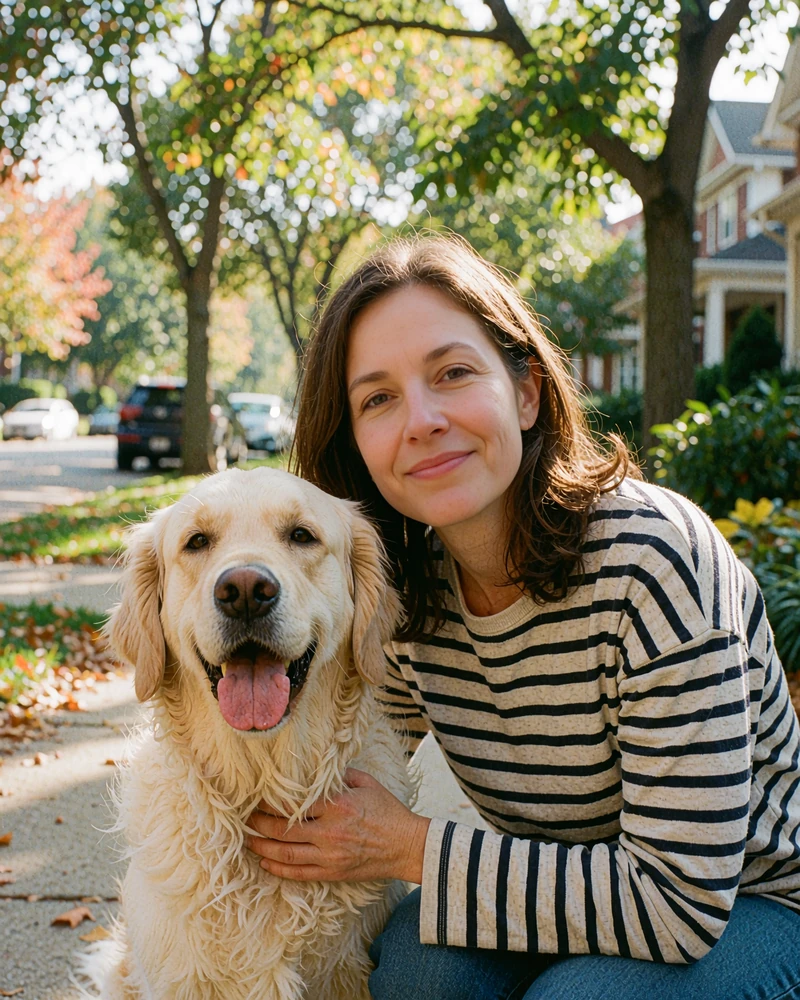 Woman in a striped shirt crouching beside her golden retriever on a leafy street, sample profile for dog-loving singles