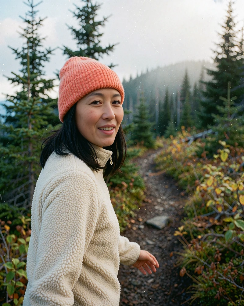 Smiling woman in a coral beanie on a forest hiking trail, sample dating profile photo for meeting outdoorsy singles