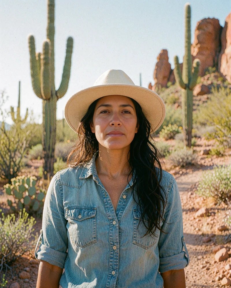 Woman in a wide-brim hat and chambray shirt on a desert trail with cacti, sample dating profile for outdoorsy local singles