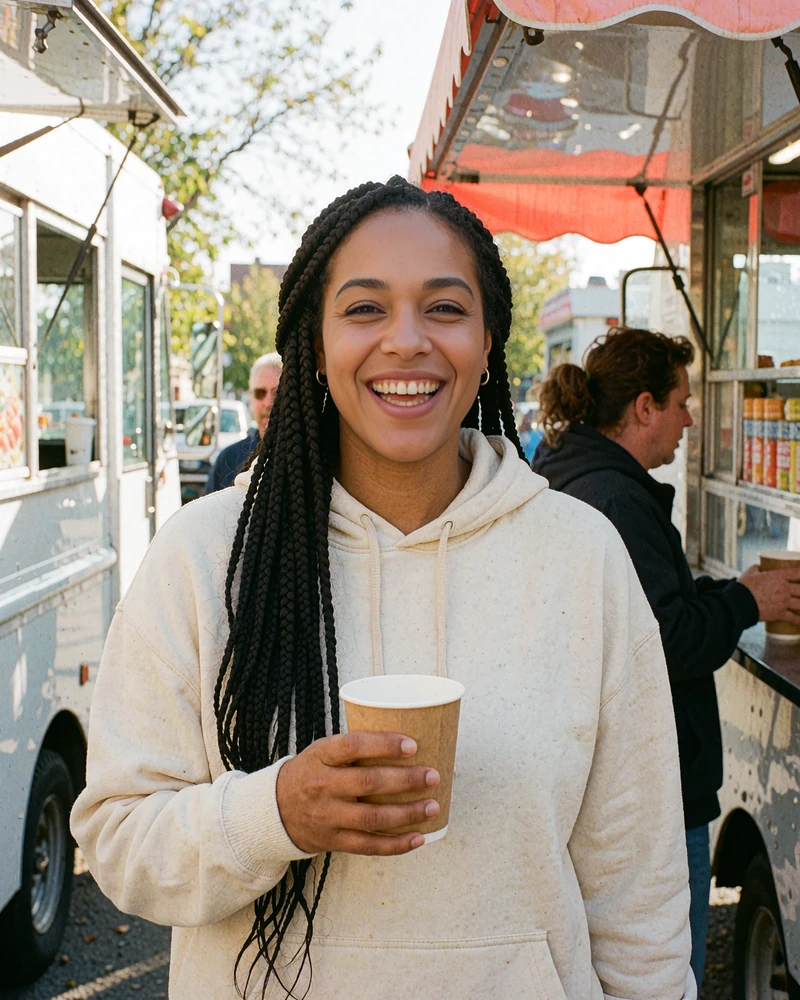 Woman with long box braids laughing in a food-truck line, model photo showing a casual way to meet singles near you