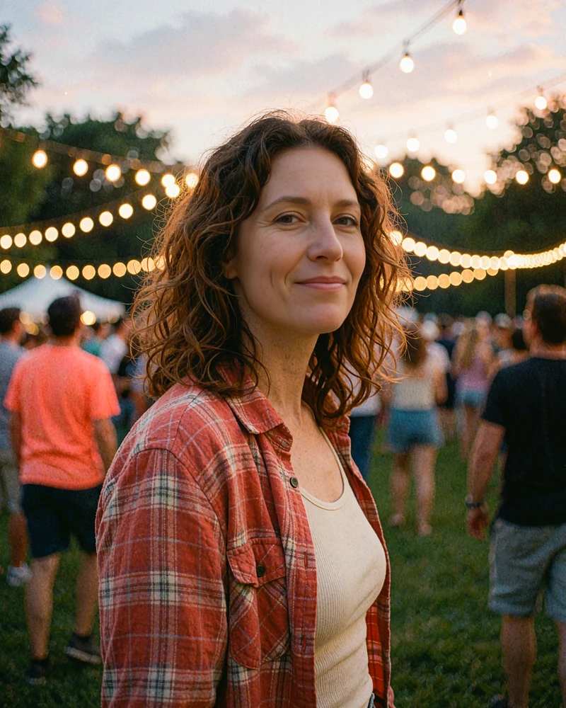 Woman in a coral flannel shirt smiling at an evening outdoor concert, sample profile photo for singles who love live music