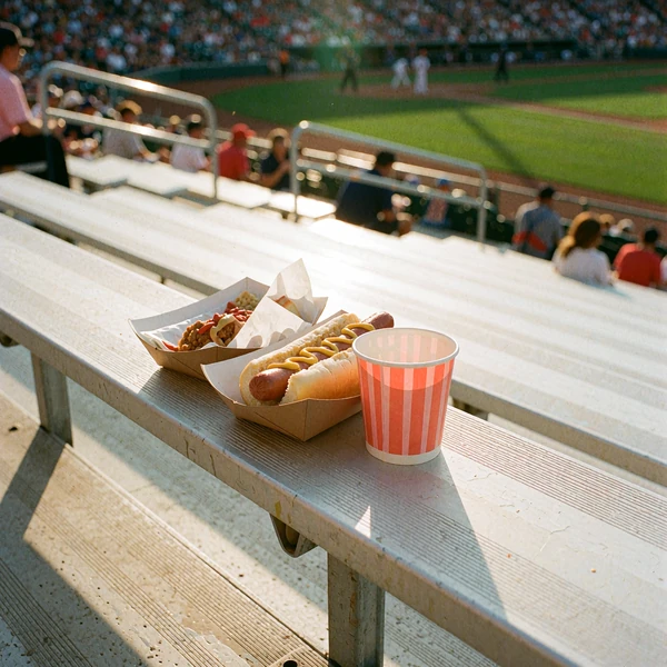 Hot dogs and a striped cup on sunny stadium bleachers, a casual ballpark date idea for local singles