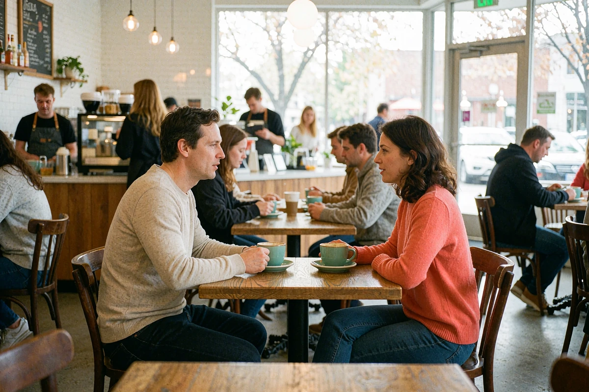 Man and woman talking over coffee at a window table in a busy cafe, a safe public first date idea for online dating matches