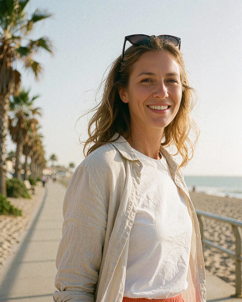Woman with sun-lightened hair and sunglasses on her head smiling on a seaside boardwalk, sample profile for local dating