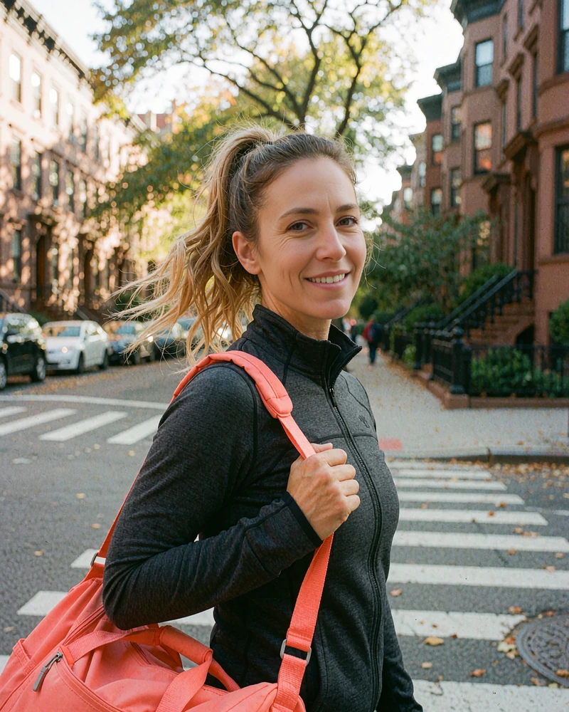 Woman with a dark-blonde ponytail and coral gym bag at a city crosswalk, model photo for an active singles profile