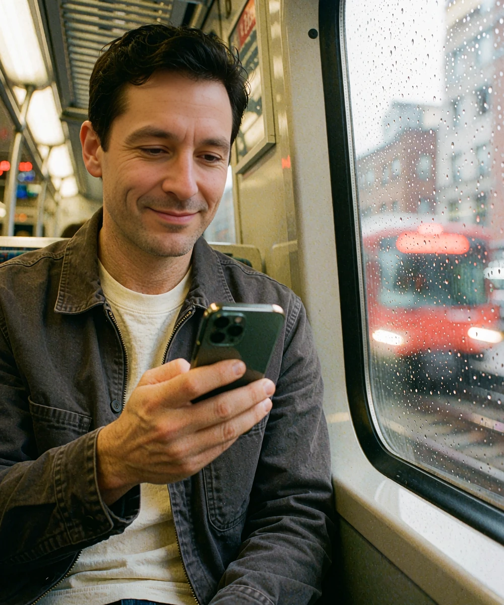 Man in a charcoal work jacket smiling at his phone by a commuter train window, using dating apps for men between shifts