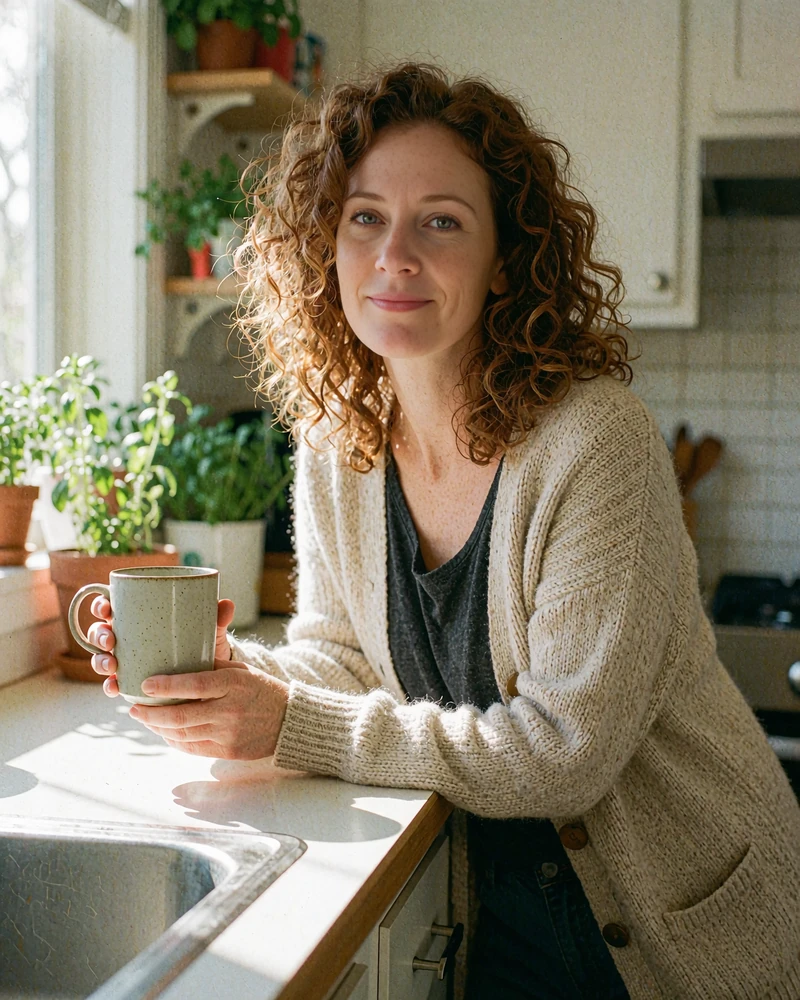 Woman with curly auburn hair holding a mug in a bright kitchen, candid model photo for an online dating card