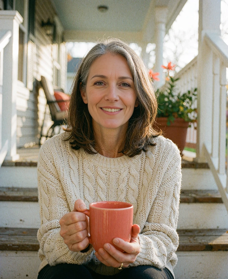 Smiling woman in her mid-forties with silver-streaked hair holding a coral mug on porch steps, dating over 40