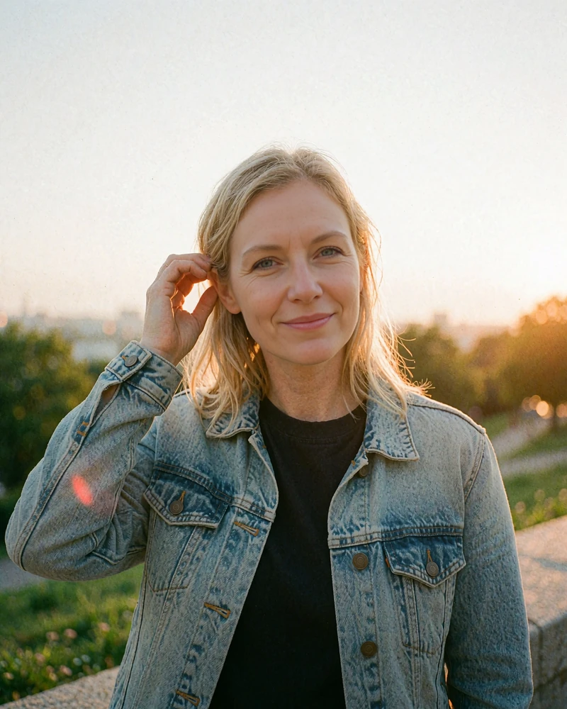 Blonde woman in a denim jacket smiling in a city park at golden hour, model photo for a mobile dating profile