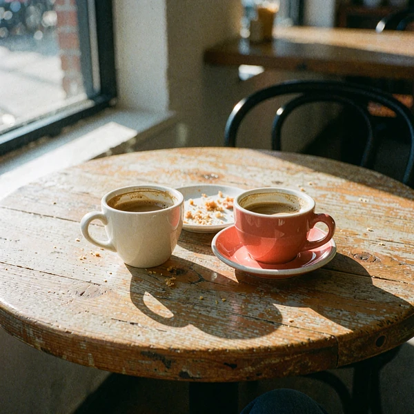 Cream and coral coffee cups on a wooden cafe table, a calm first date idea for singles who meet online