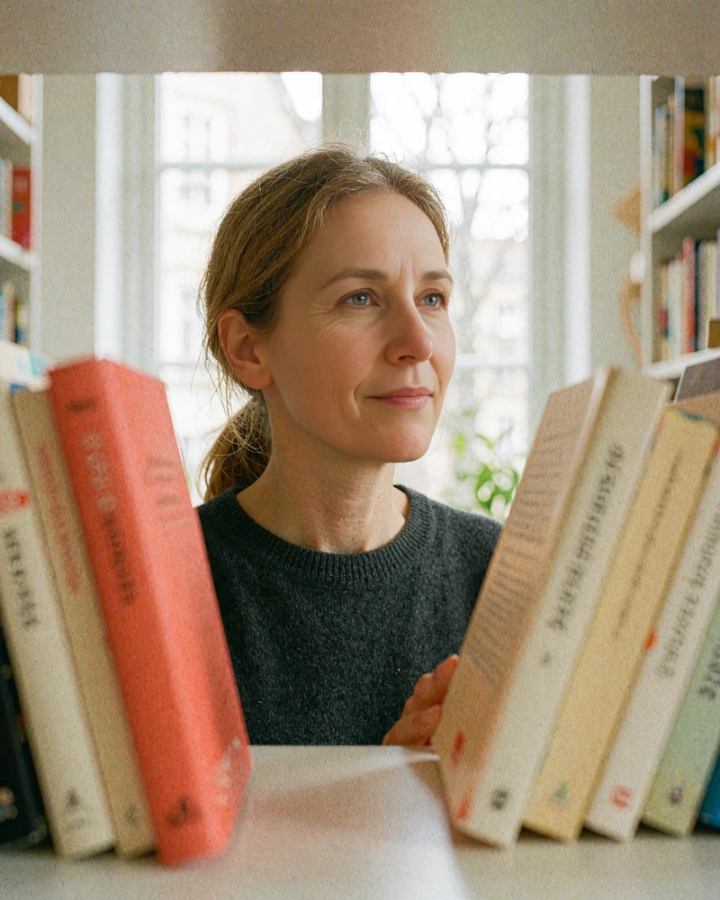 Woman around forty in a charcoal sweater browsing an independent bookstore, model photo for dating over 40