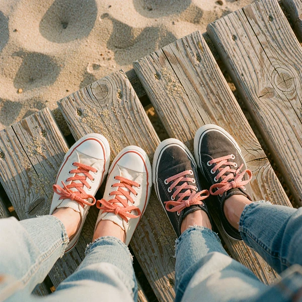 Two pairs of sneakers side by side on boardwalk planks, a relaxed beach date after matching on a dating site
