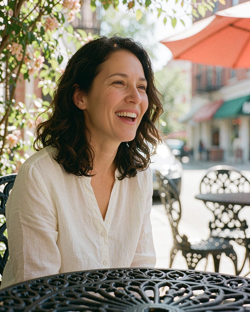 Laughing woman in a white linen blouse on a sunny cafe patio, example profile card for singles looking to meet