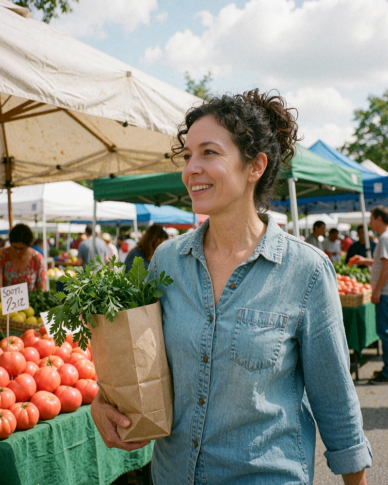 Woman with curly hair carrying fresh greens at a farmers market, sample profile photo in a free dating app demo